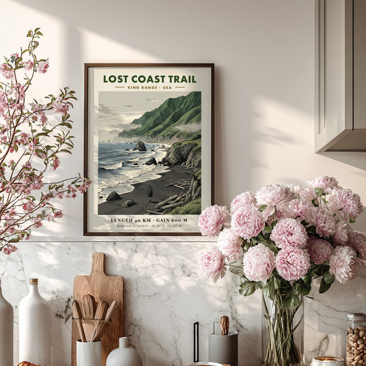 Lost Coast Trail poster featuring a lone hiker on a dark sandy beach.