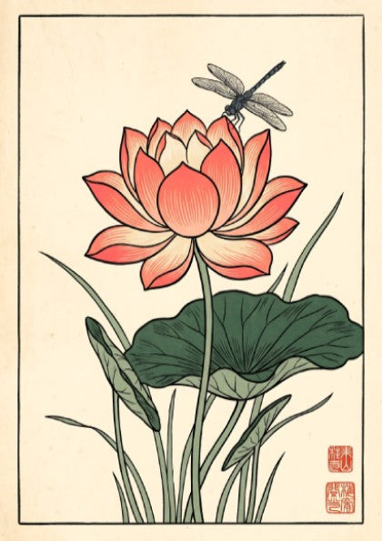 Japanese art style poster featuring a pink lotus flower and dragonfly