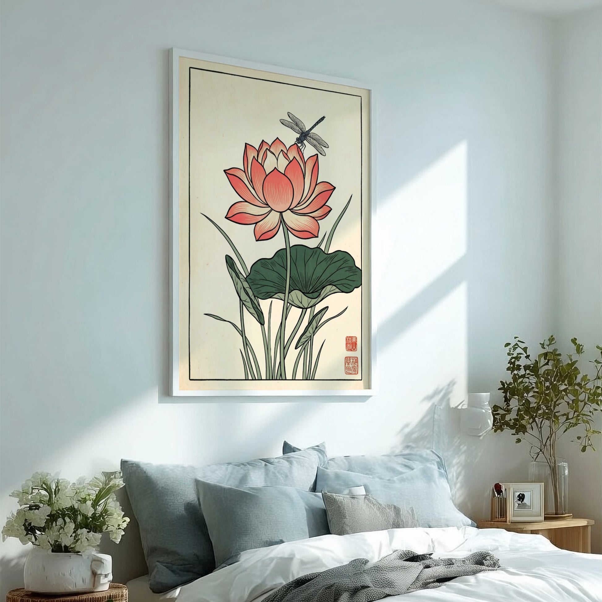 Japanese art style poster featuring a pink lotus flower and dragonfly