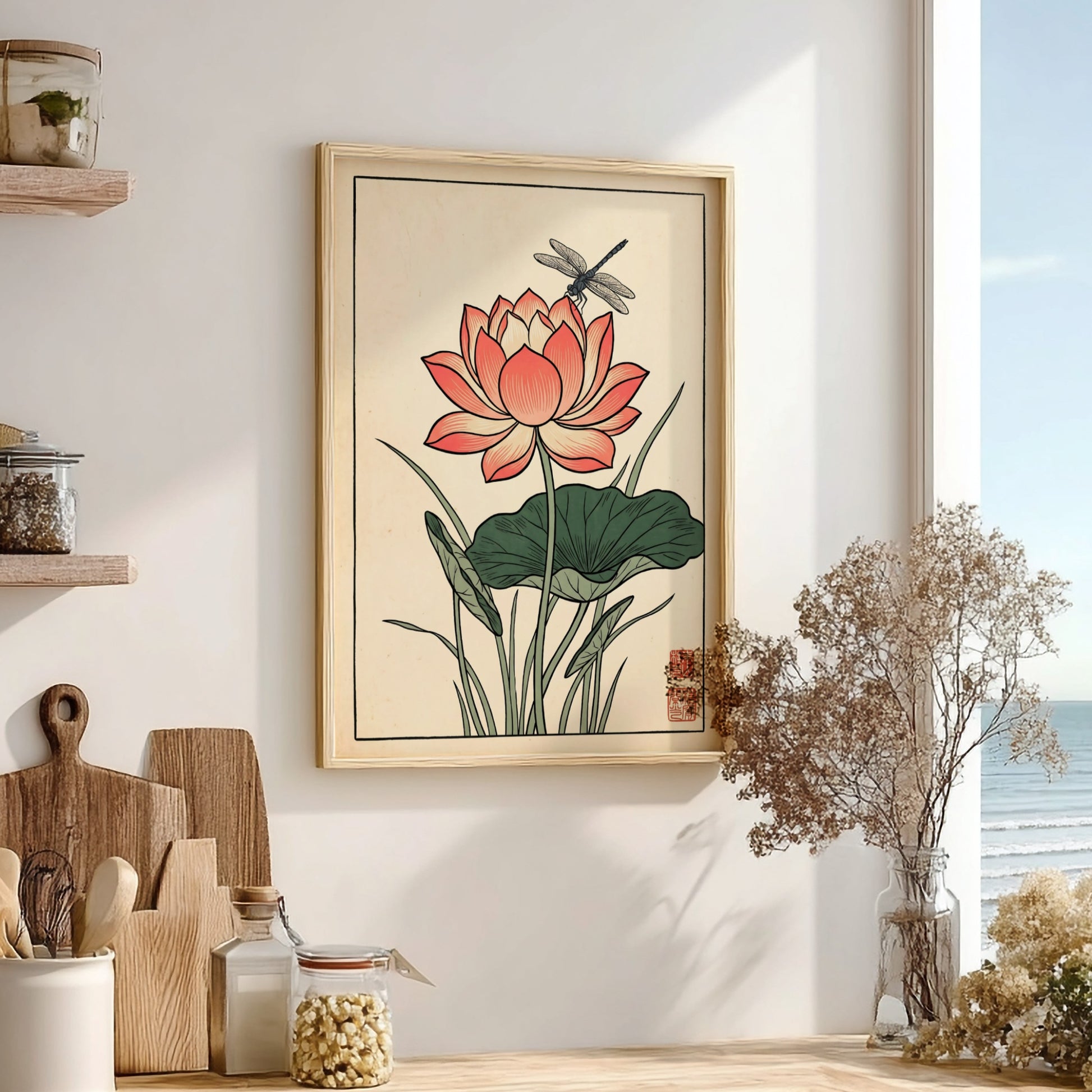 Japanese art style poster featuring a pink lotus flower and dragonfly