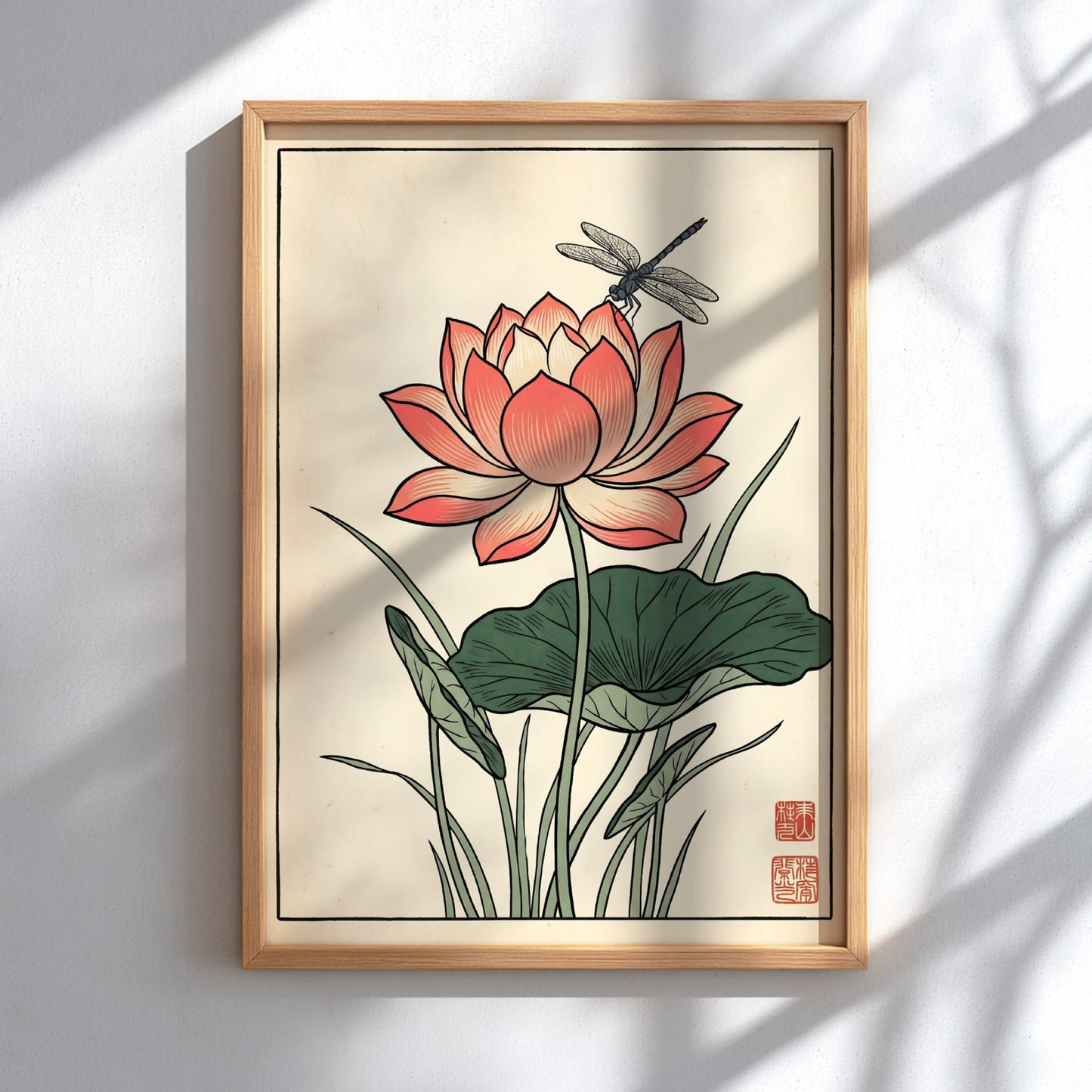 Japanese art style poster featuring a pink lotus flower and dragonfly
