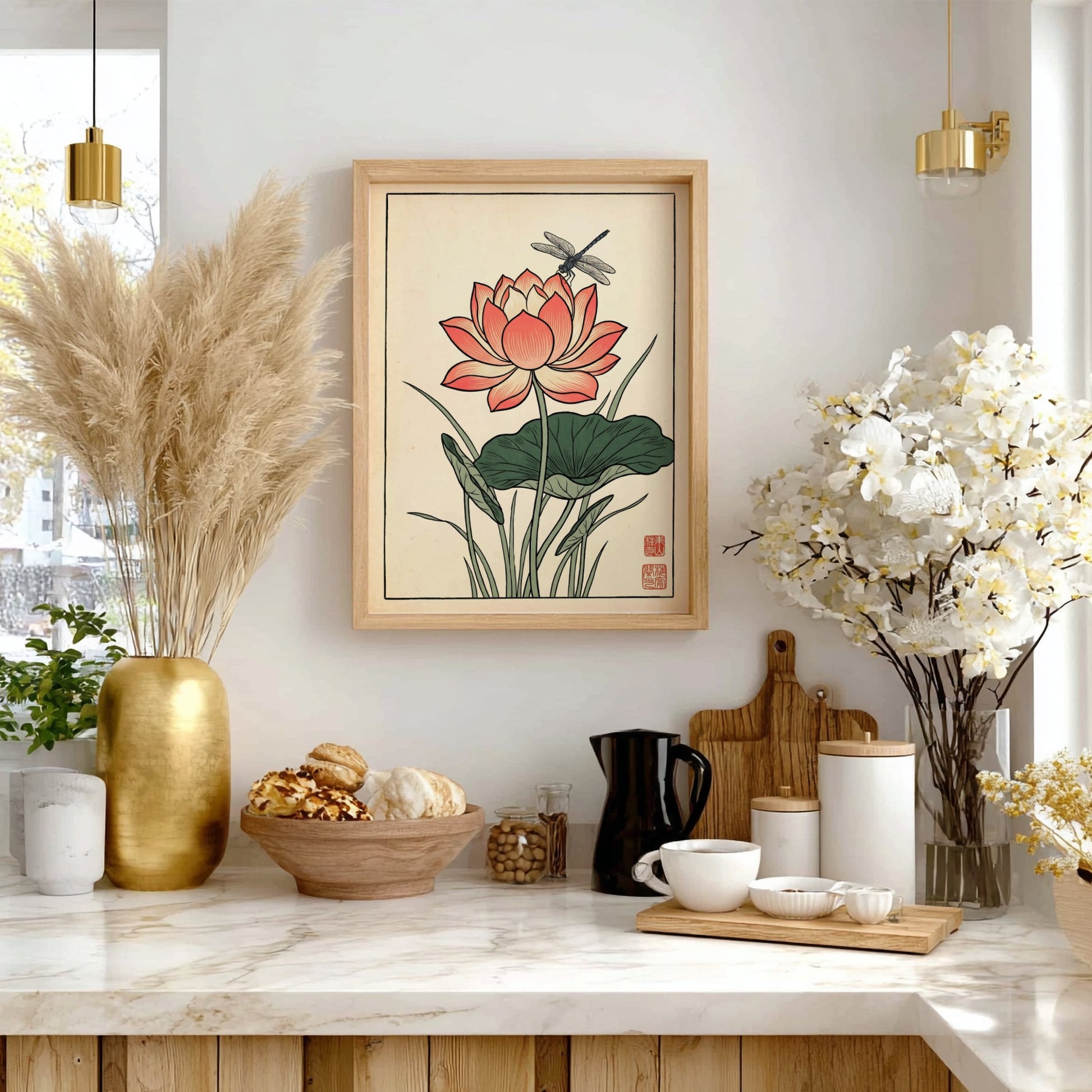 Japanese art style poster featuring a pink lotus flower and dragonfly