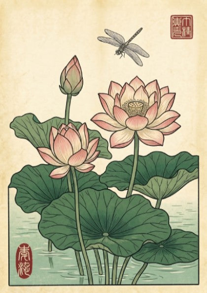 Japanese art style poster featuring lotus flowers and a dragonfly in soft colors