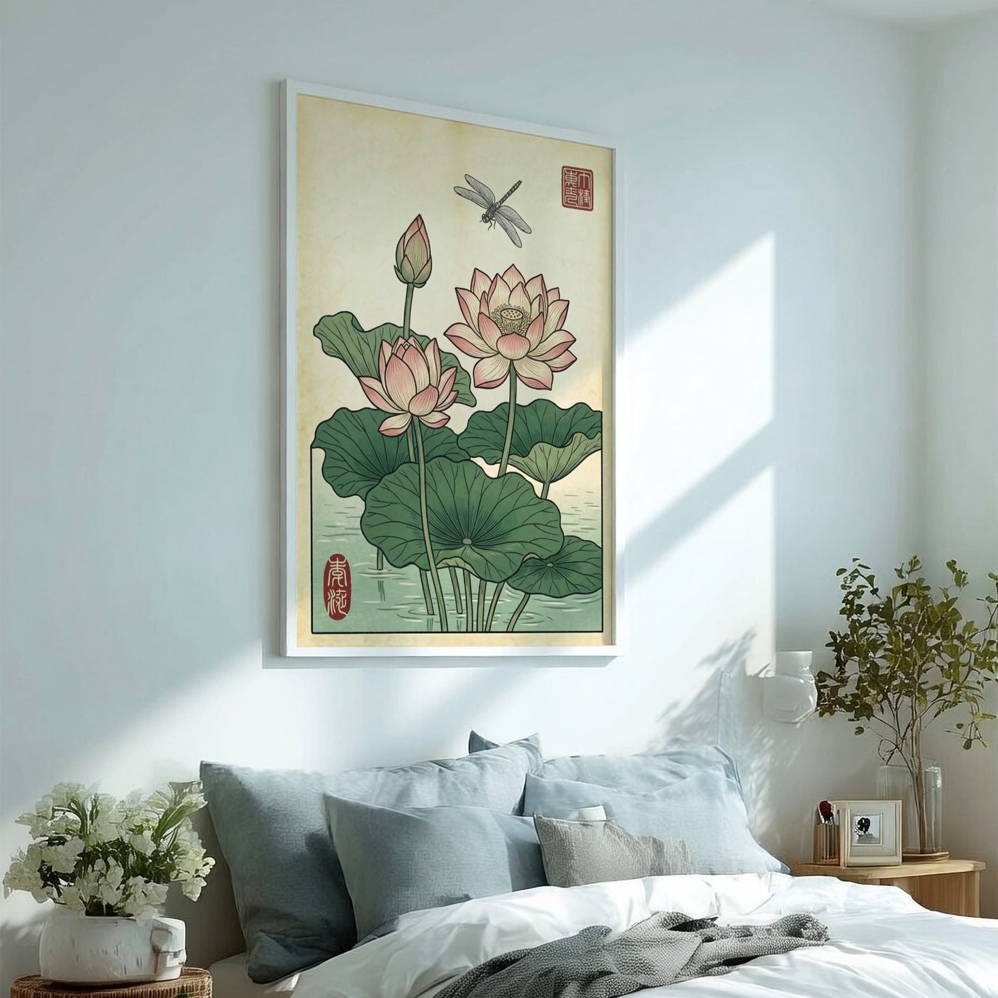 Japanese art style poster featuring lotus flowers and a dragonfly in soft colors