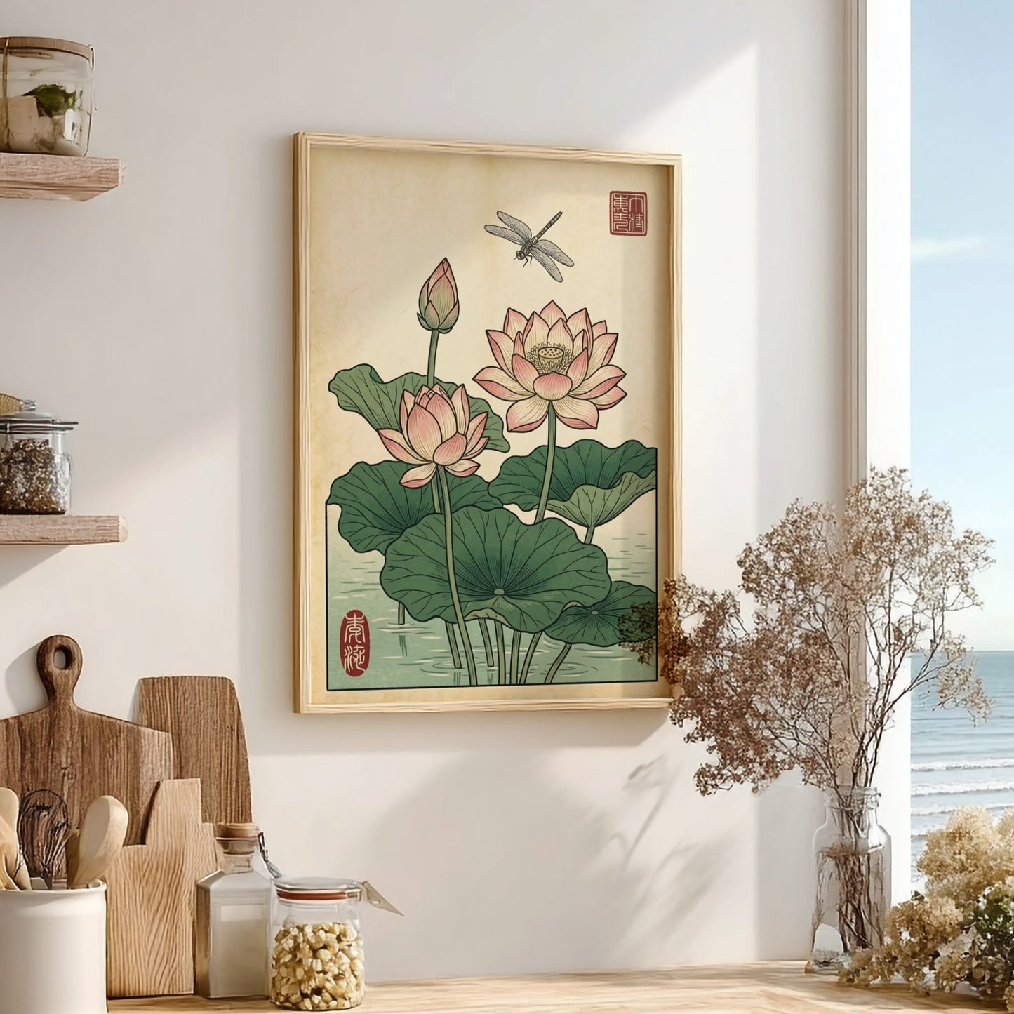 Japanese art style poster featuring lotus flowers and a dragonfly in soft colors