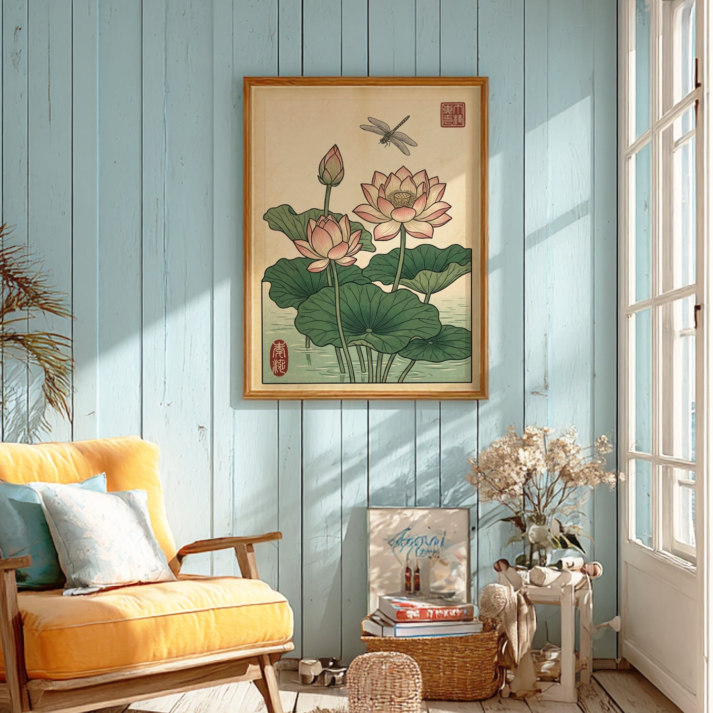 Japanese art style poster featuring lotus flowers and a dragonfly in soft colors