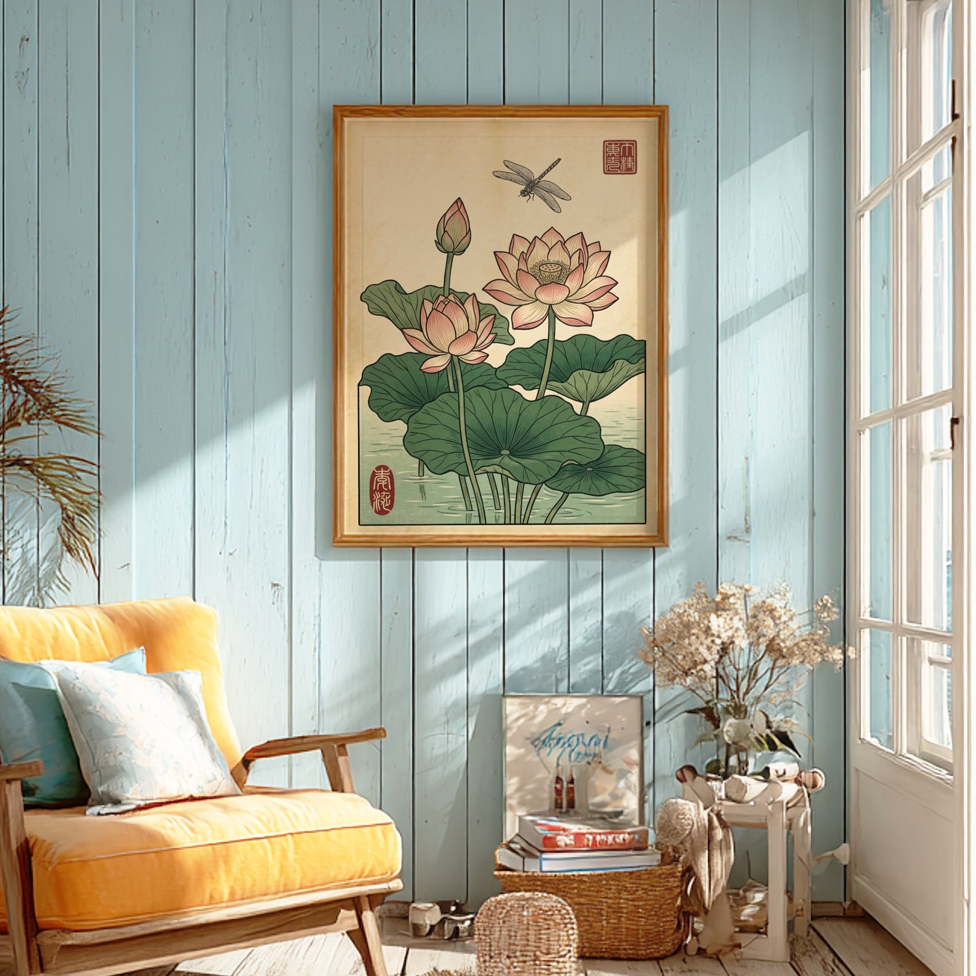 Japanese art style poster featuring lotus flowers and a dragonfly in soft colors
