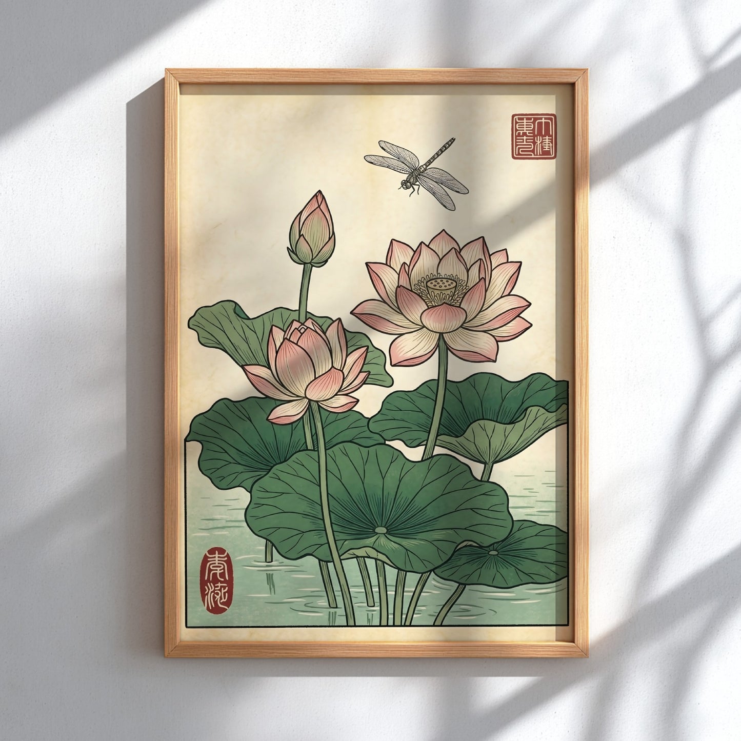 Japanese art style poster featuring lotus flowers and a dragonfly in soft colors