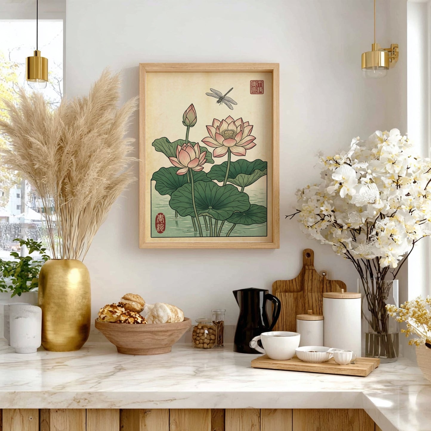 Japanese art style poster featuring lotus flowers and a dragonfly in soft colors
