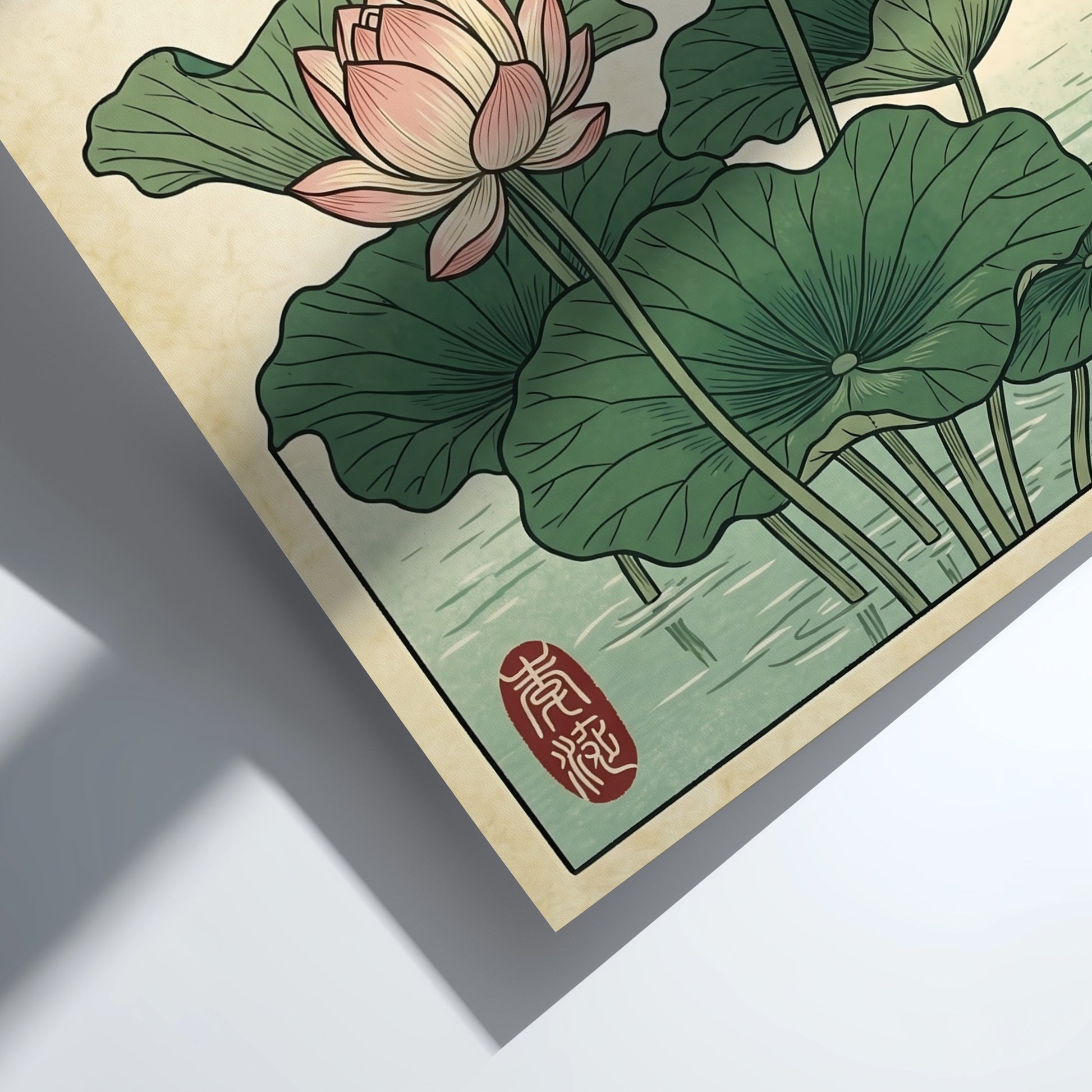 Japanese art style poster featuring lotus flowers and a dragonfly in soft colors