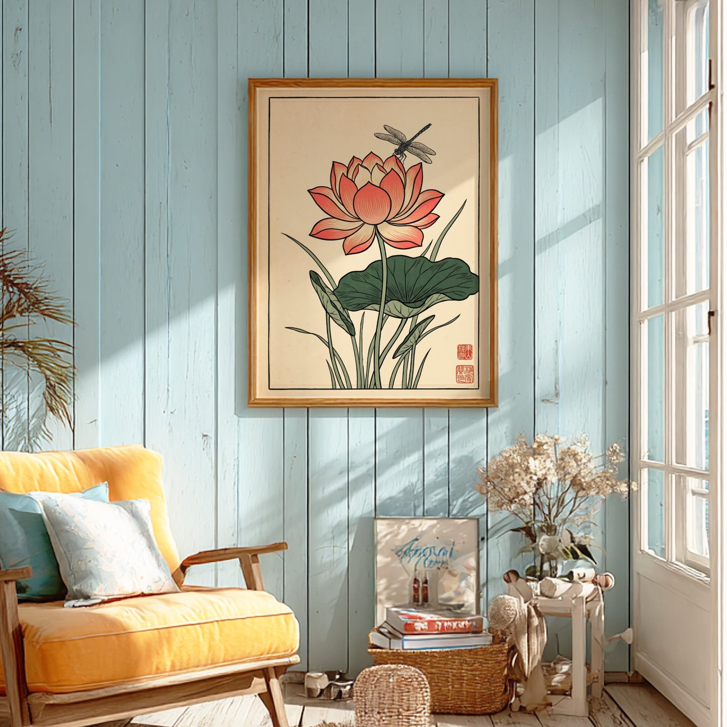 Japanese art style poster featuring a pink lotus flower and dragonfly