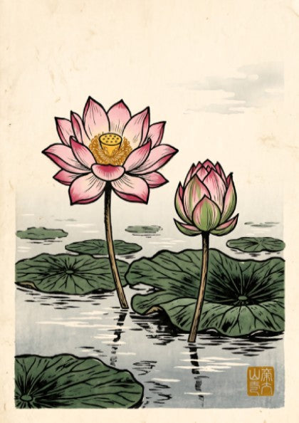 Lotus Pond Bloom poster featuring pink lotus flowers in Japanese art style