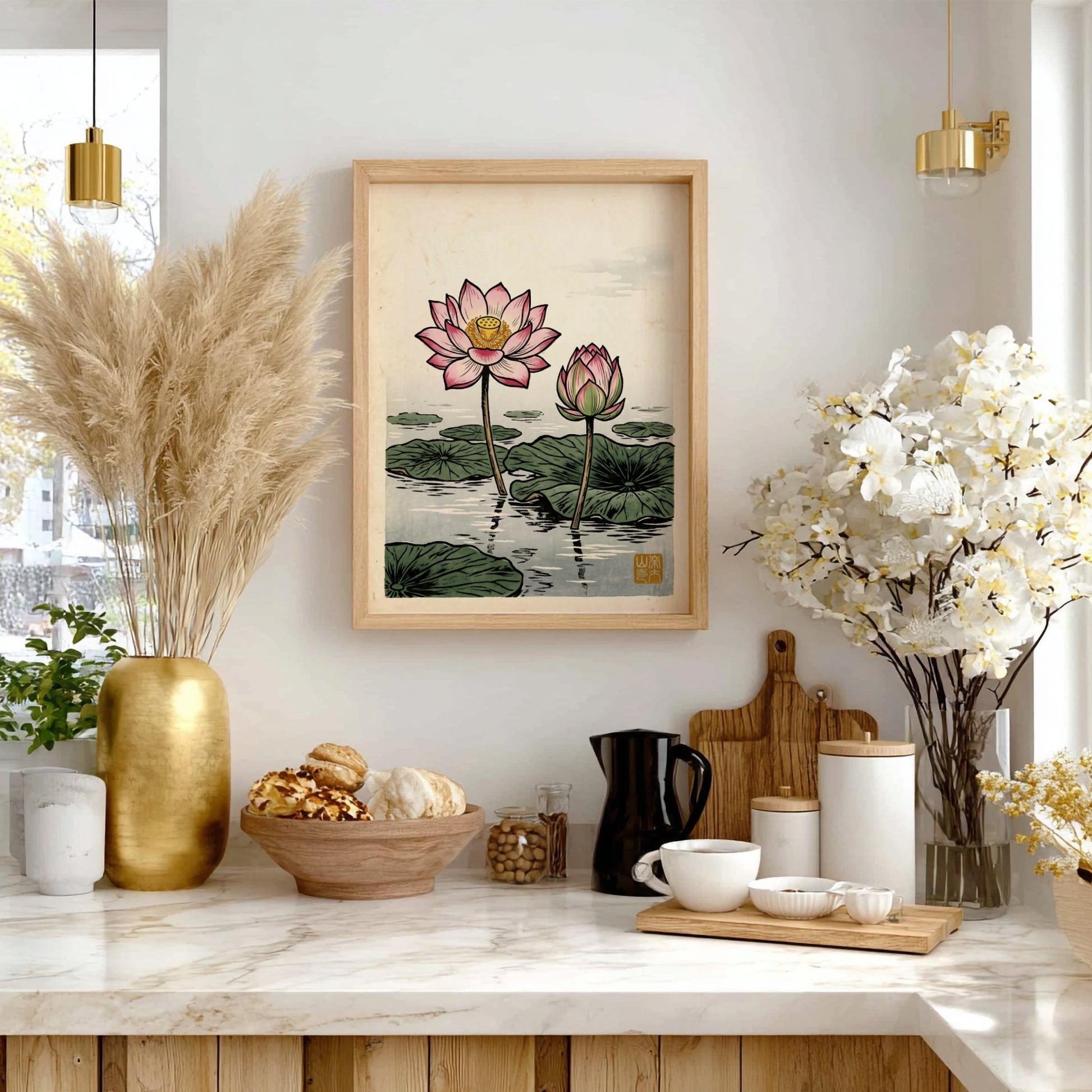 Lotus Pond Bloom poster featuring pink lotus flowers in Japanese art style