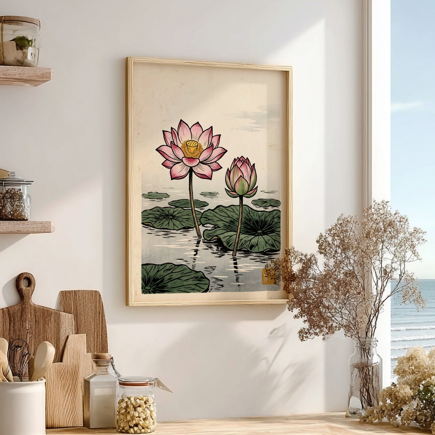 Lotus Pond Bloom poster featuring pink lotus flowers in Japanese art style