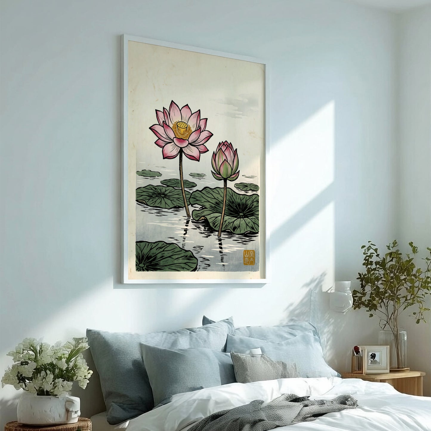 Lotus Pond Bloom poster featuring pink lotus flowers in Japanese art style