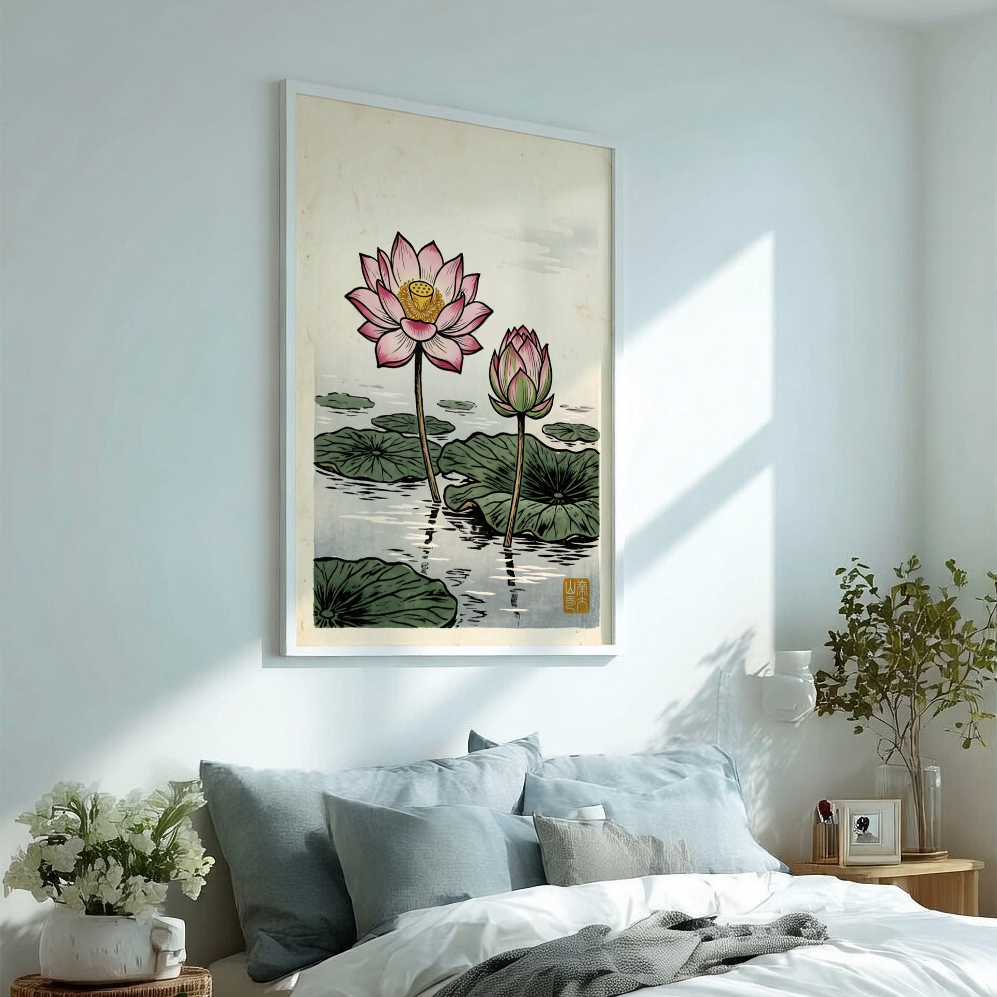 Lotus Pond Bloom poster featuring pink lotus flowers in Japanese art style
