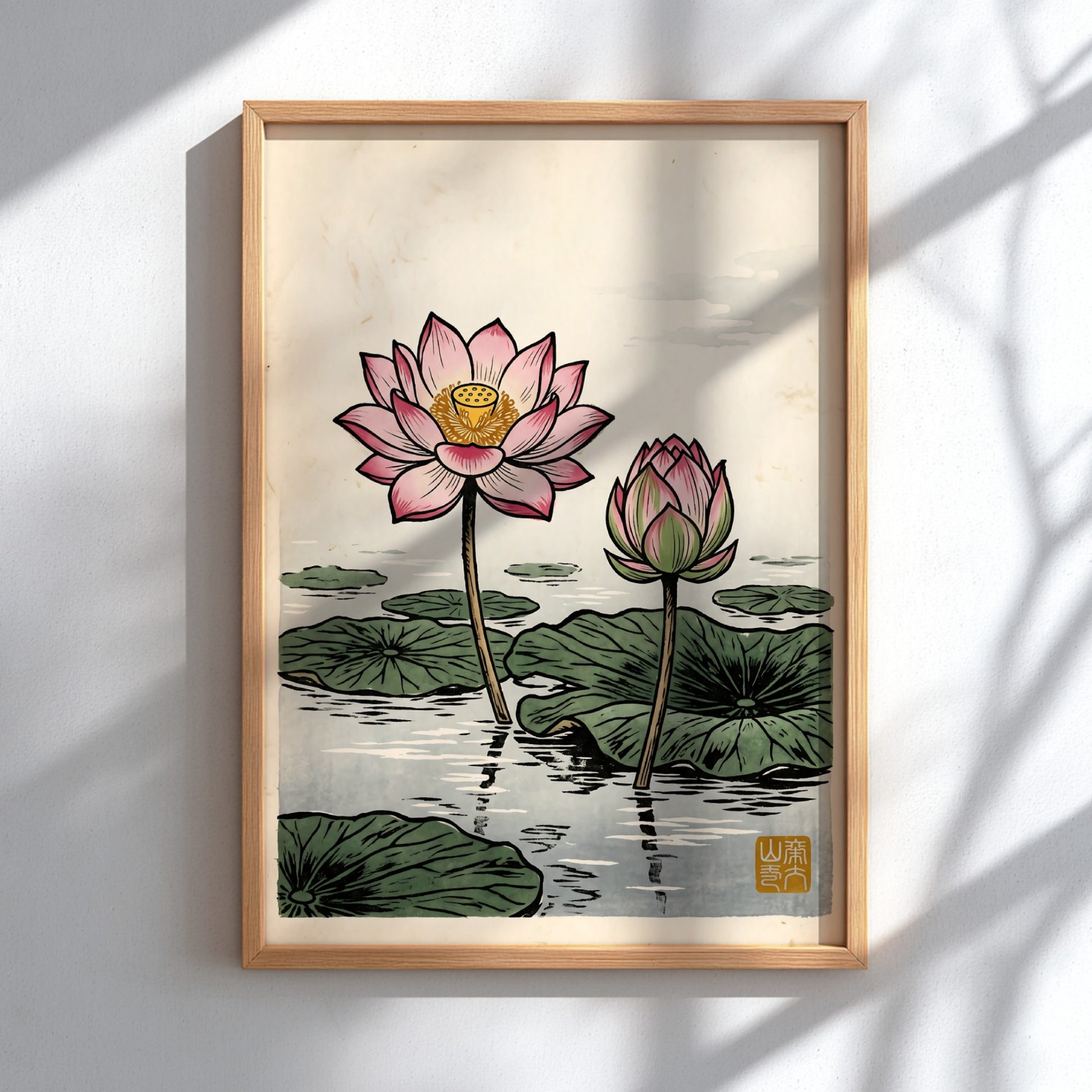 Lotus Pond Bloom poster featuring pink lotus flowers in Japanese art style