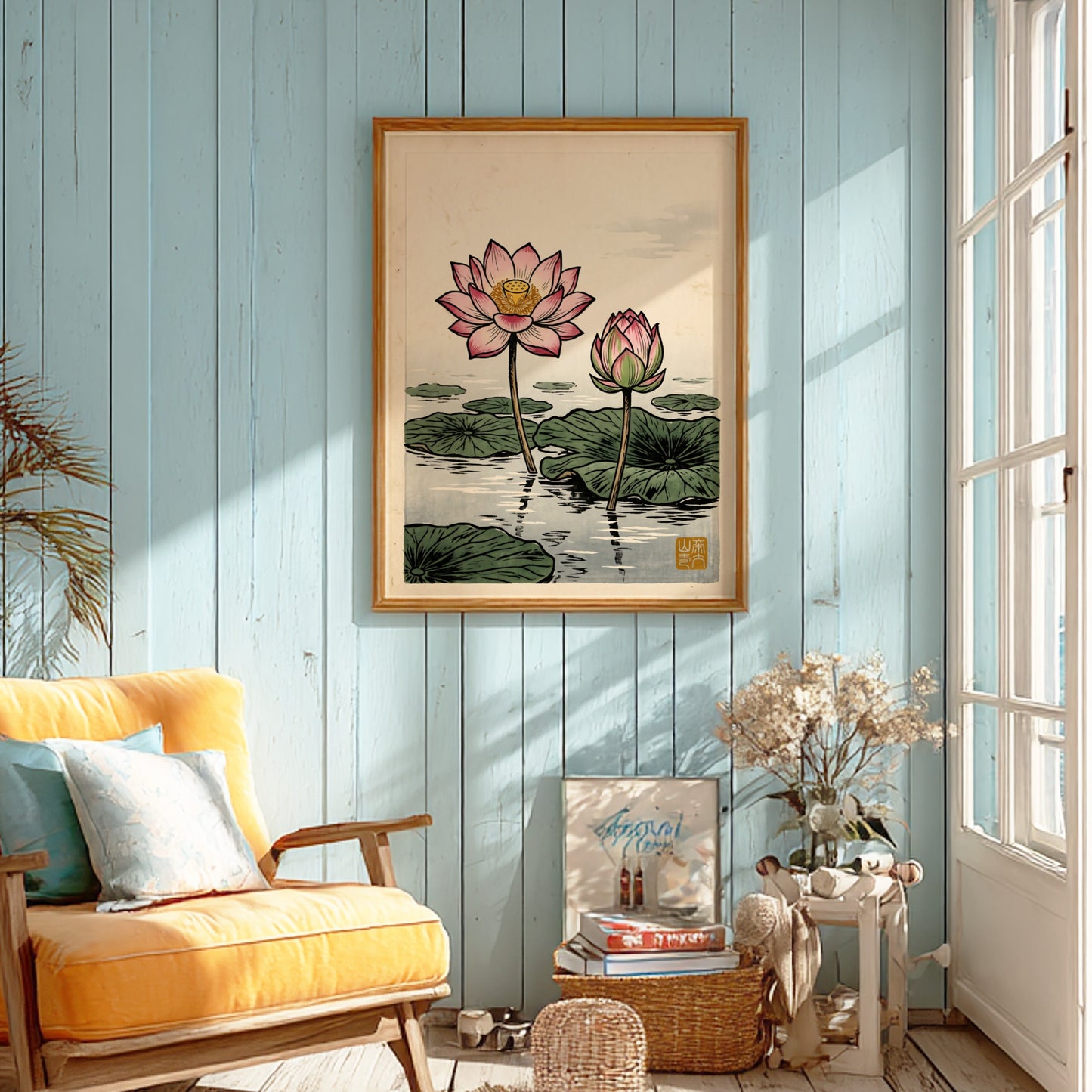 Lotus Pond Bloom poster featuring pink lotus flowers in Japanese art style