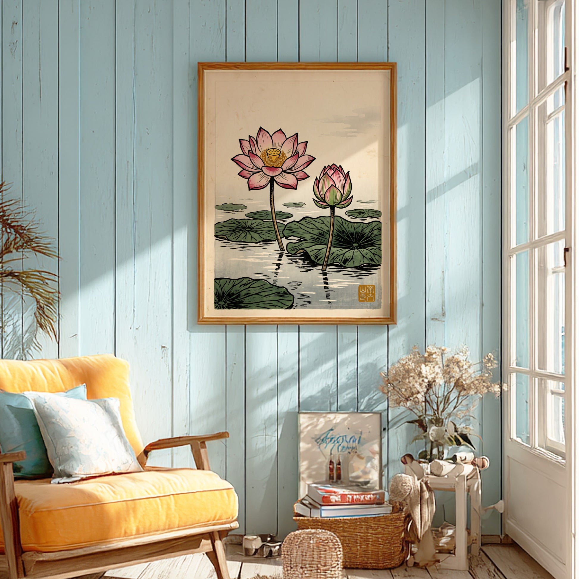 Lotus Pond Bloom poster featuring pink lotus flowers in Japanese art style