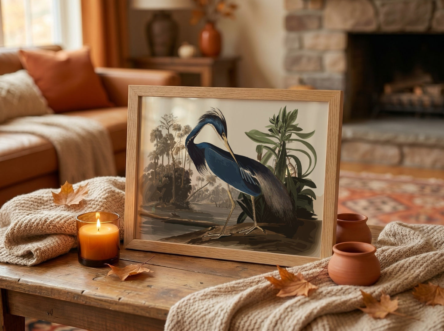 Louisiana Heron art poster featuring blue tones and detailed bird illustration, perfect for nature wall art