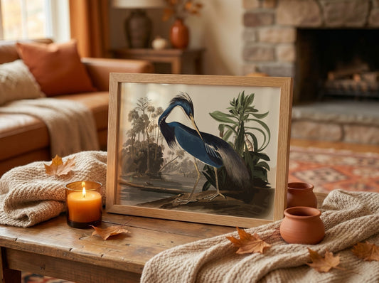 Louisiana Heron art poster featuring blue tones and detailed bird illustration, perfect for nature wall art