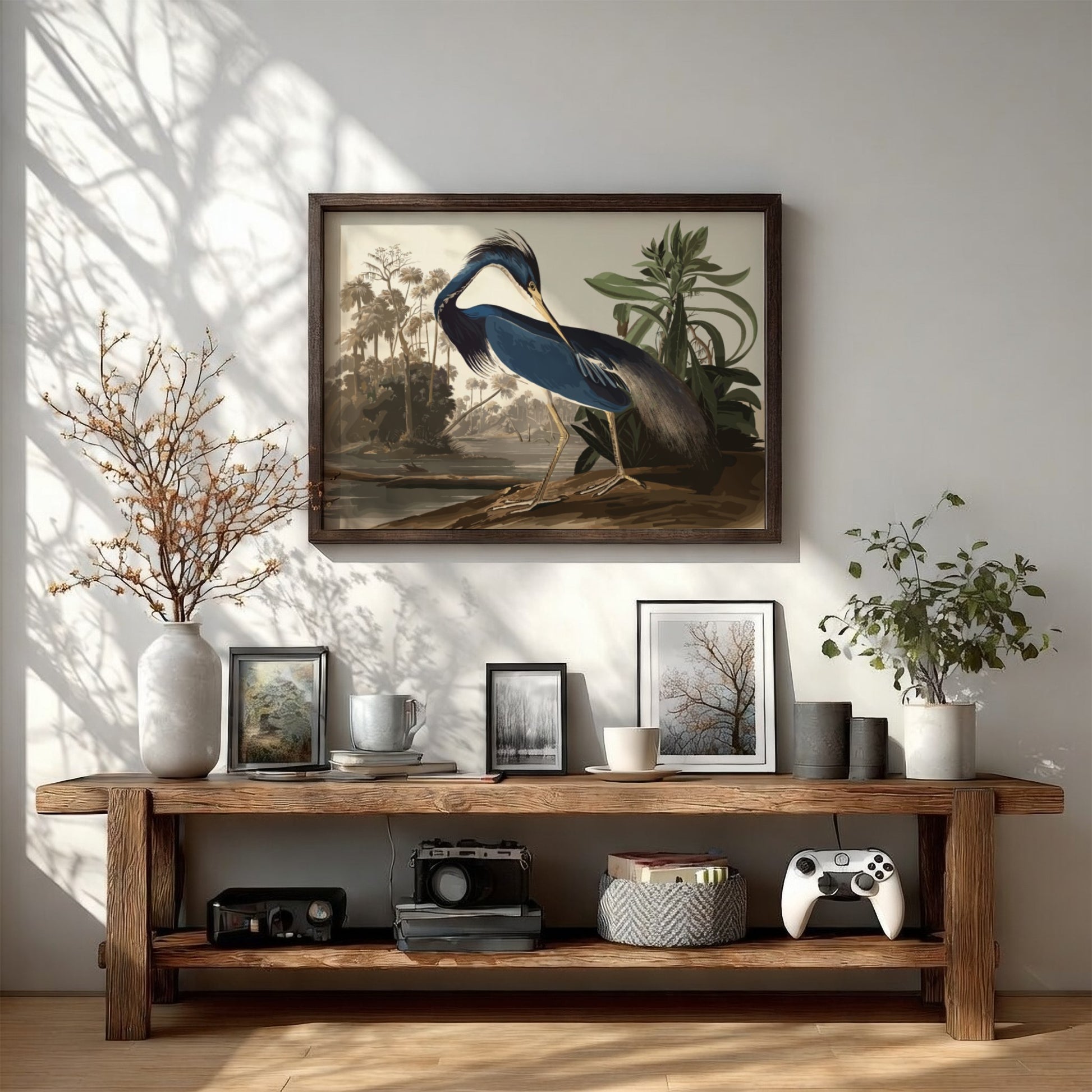 Louisiana Heron art poster featuring blue tones and detailed bird illustration, perfect for nature wall art