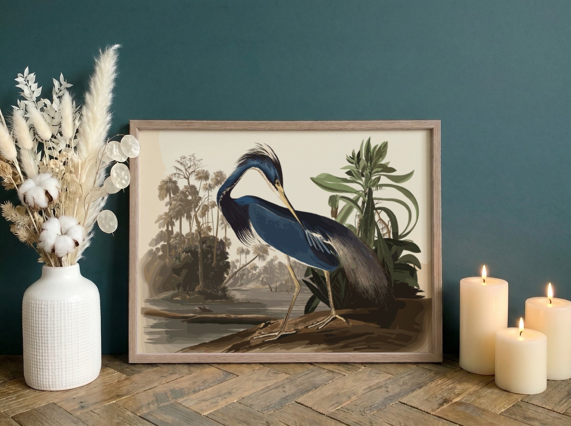 Louisiana Heron art poster featuring blue tones and detailed bird illustration, perfect for nature wall art