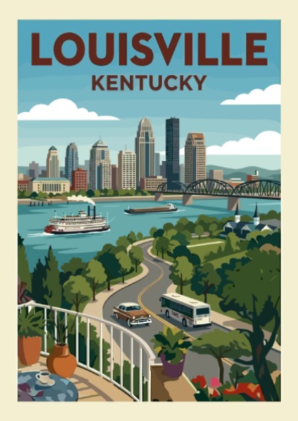 Stylized Louisville skyline travel poster with a paddleboat on the river and retro aesthetic.