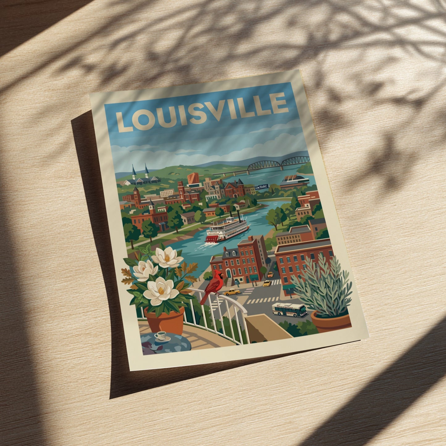 Stylized illustration of Louisville cityscape with a riverboat on the Ohio River, featuring historic
