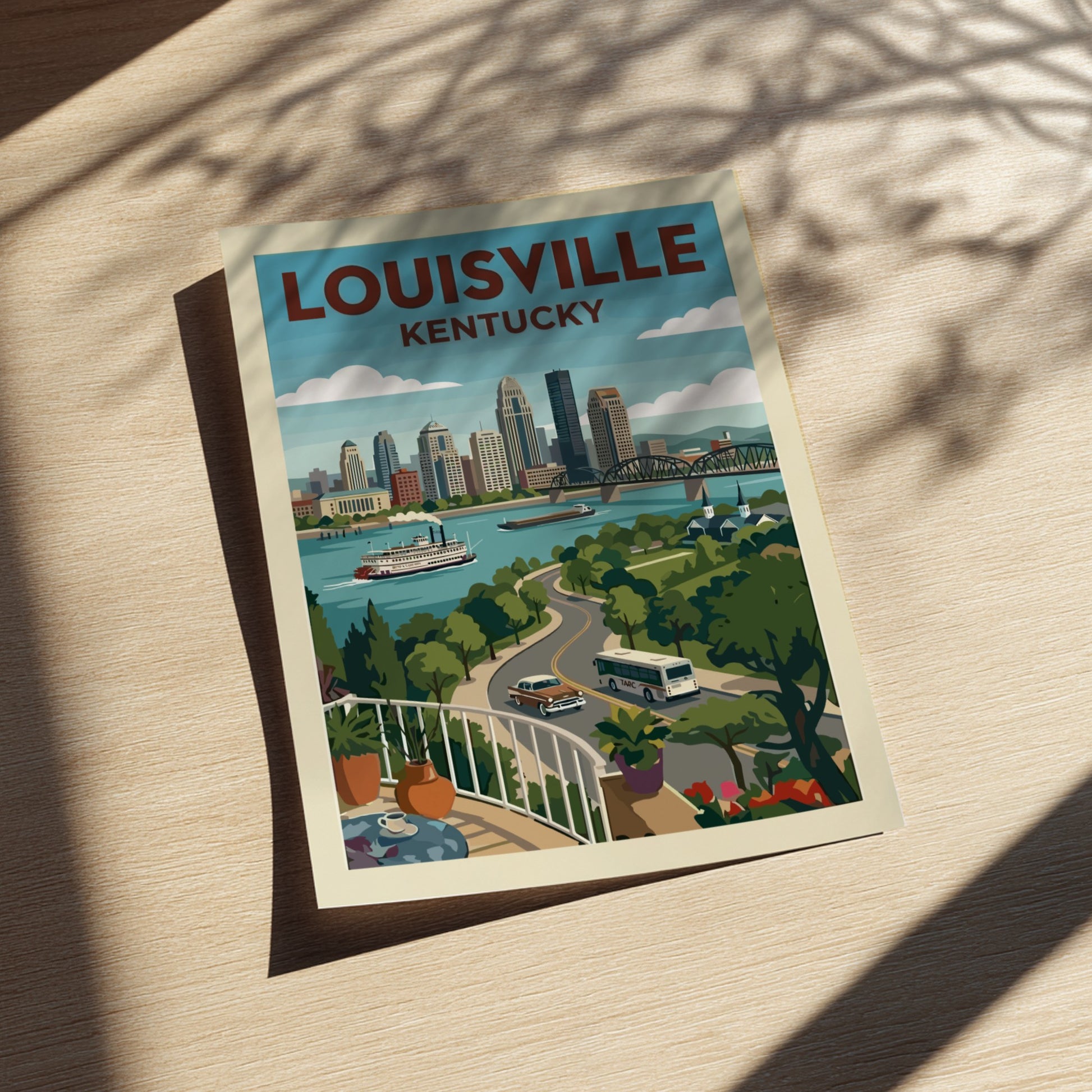 Stylized Louisville skyline travel poster with a paddleboat on the river and retro aesthetic.