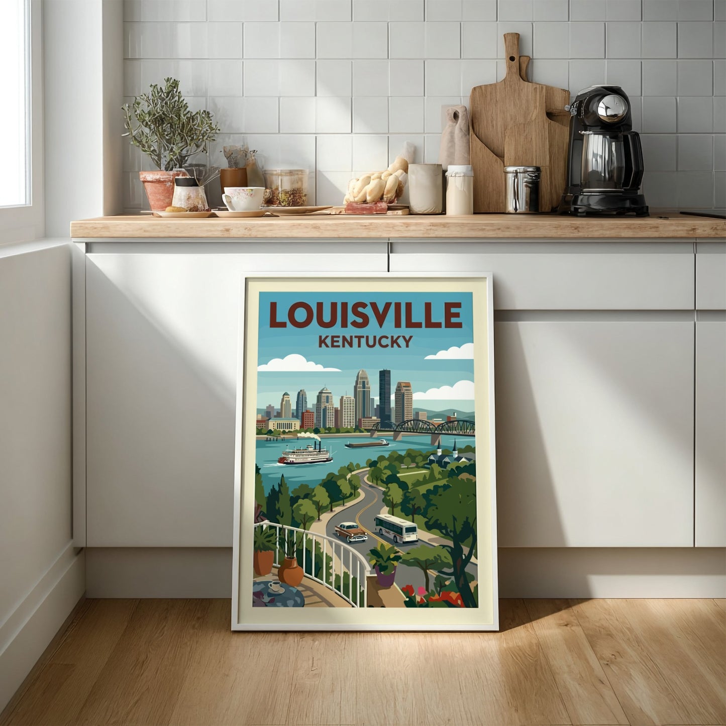 Stylized Louisville skyline travel poster with a paddleboat on the river and retro aesthetic.