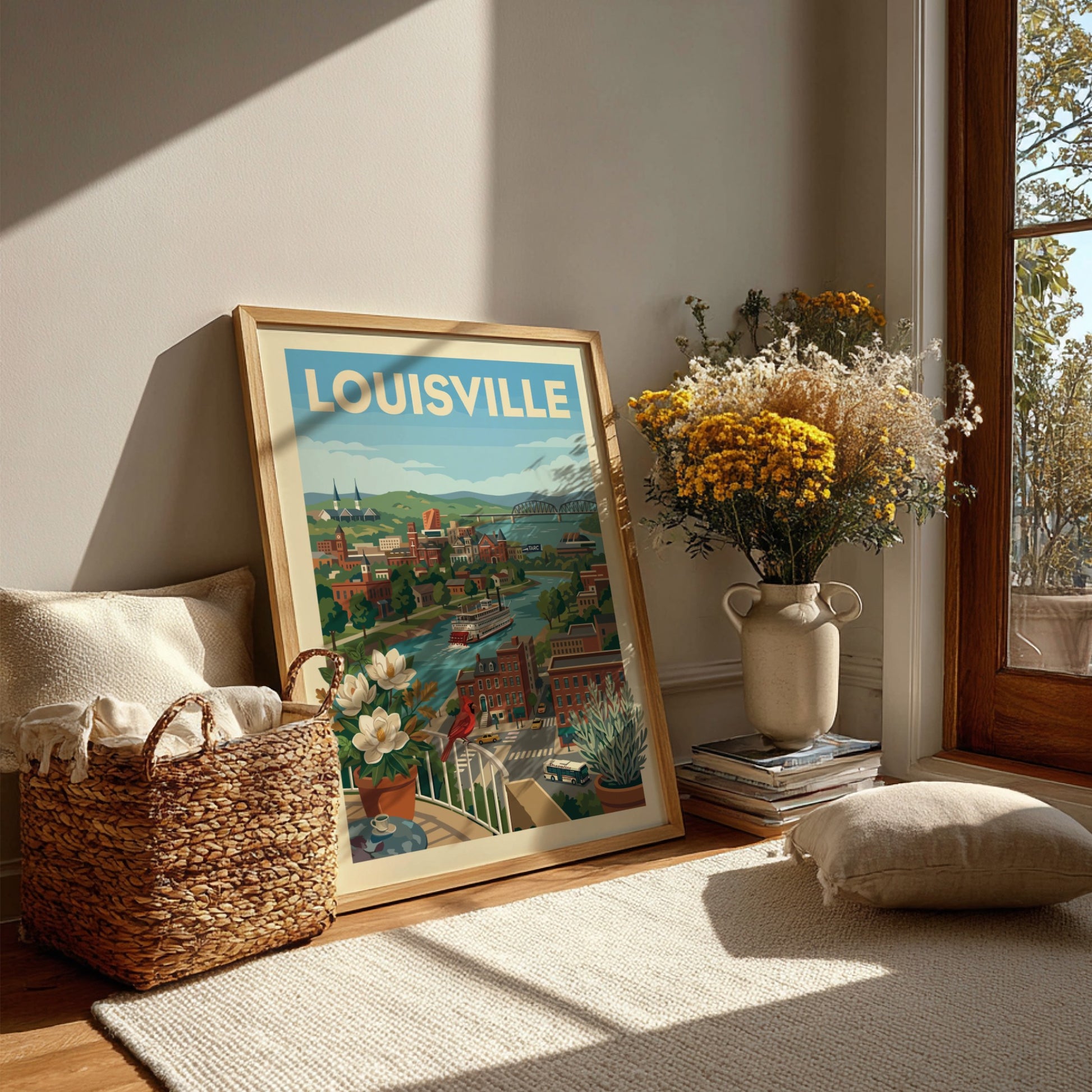 Stylized illustration of Louisville cityscape with a riverboat on the Ohio River, featuring historic