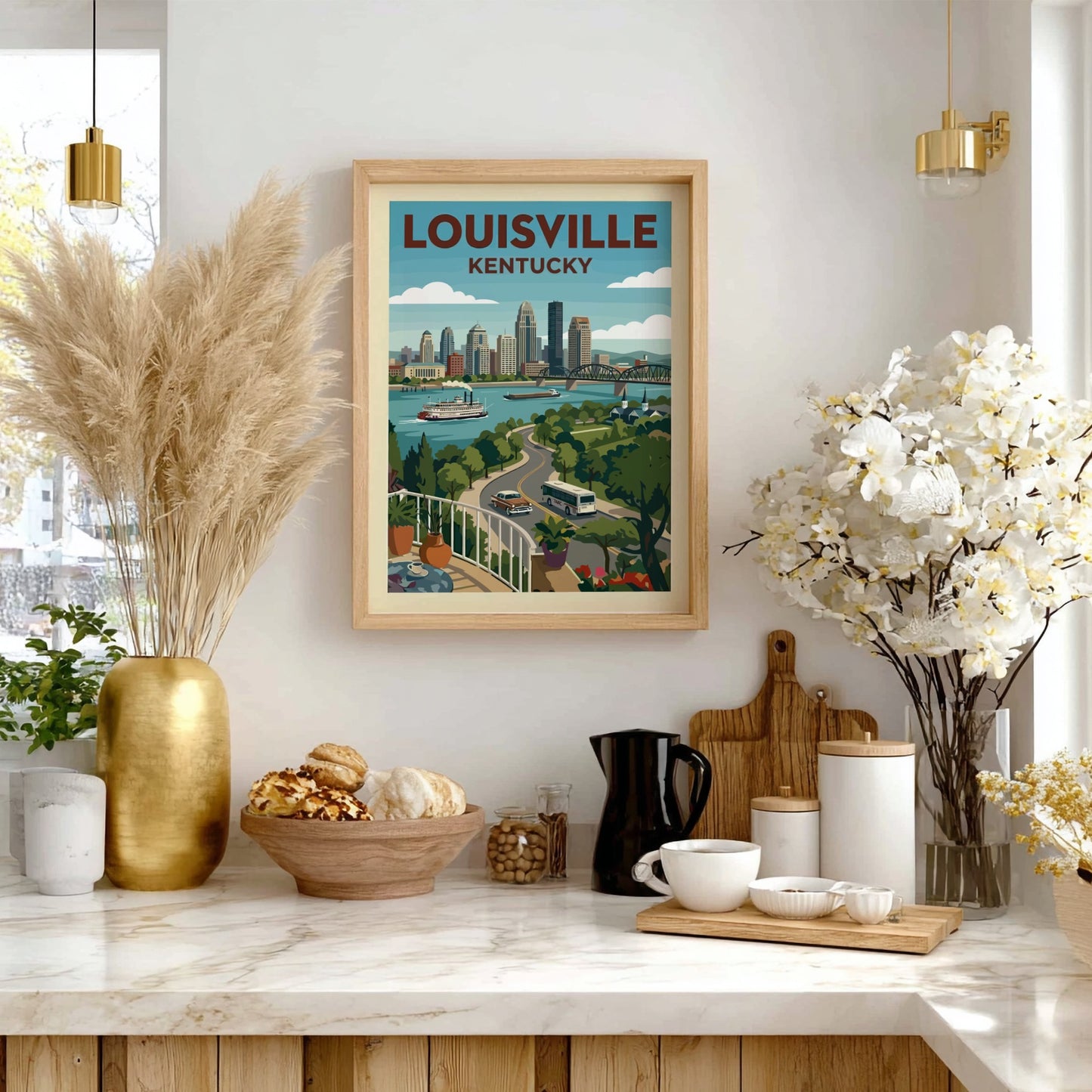 Stylized Louisville skyline travel poster with a paddleboat on the river and retro aesthetic.