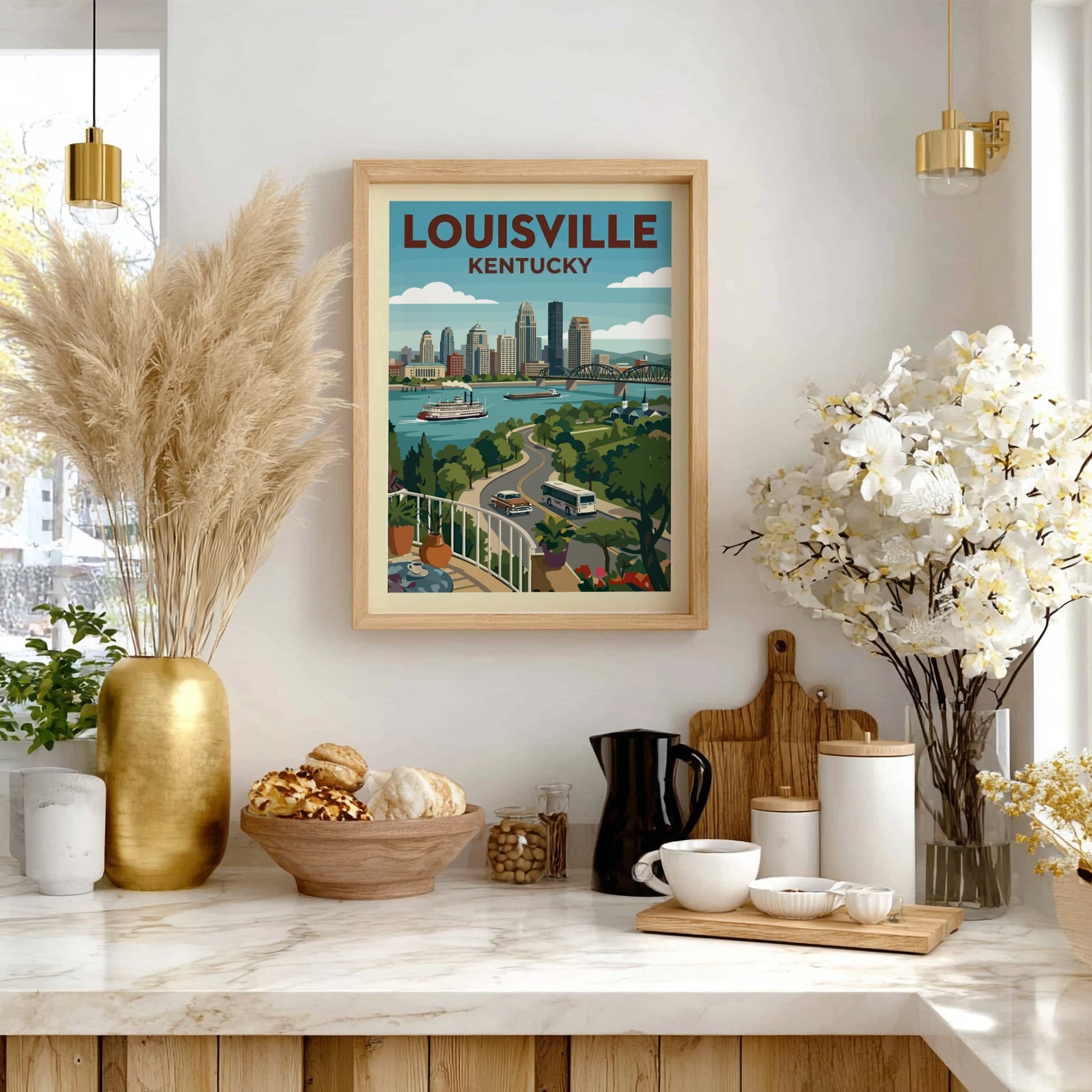 Stylized Louisville skyline travel poster with a paddleboat on the river and retro aesthetic.