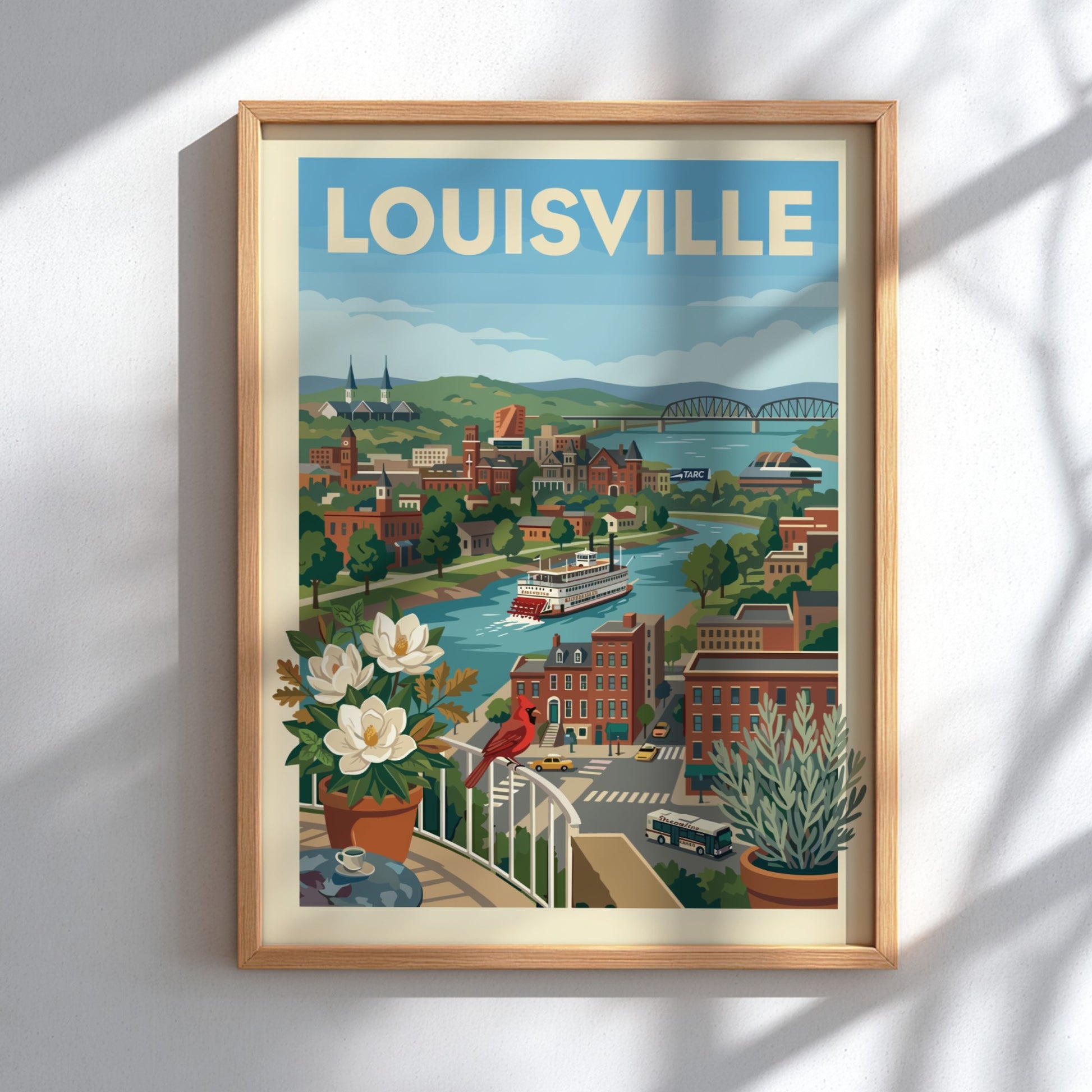 Stylized illustration of Louisville cityscape with a riverboat on the Ohio River, featuring historic