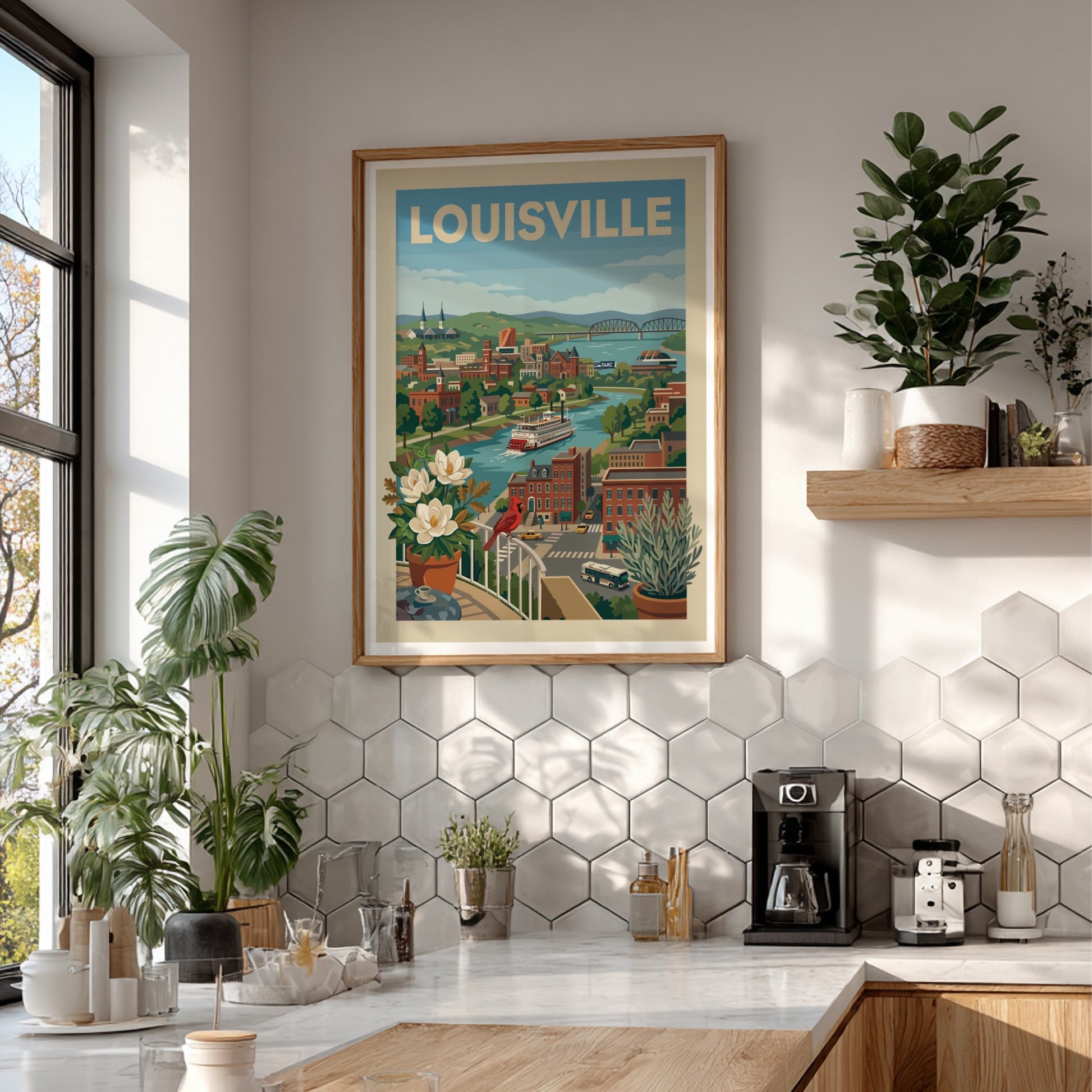 Stylized illustration of Louisville cityscape with a riverboat on the Ohio River, featuring historic