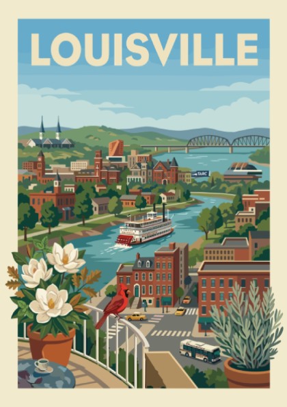 Stylized illustration of Louisville cityscape with a riverboat on the Ohio River, featuring historic