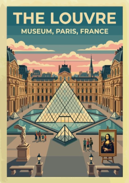 Louvre travel poster featuring vintage style, sunset colors, and iconic architecture