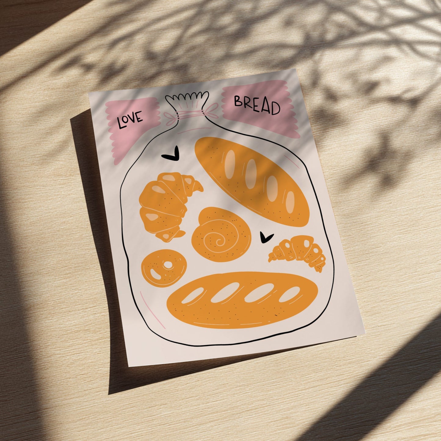 Illustration of a bread bag with various bread slices on a light wooden surface.