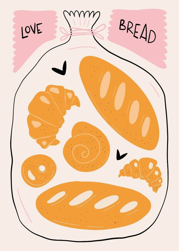 Illustration of bread in a bag with 'Love Bread' text on a pink background