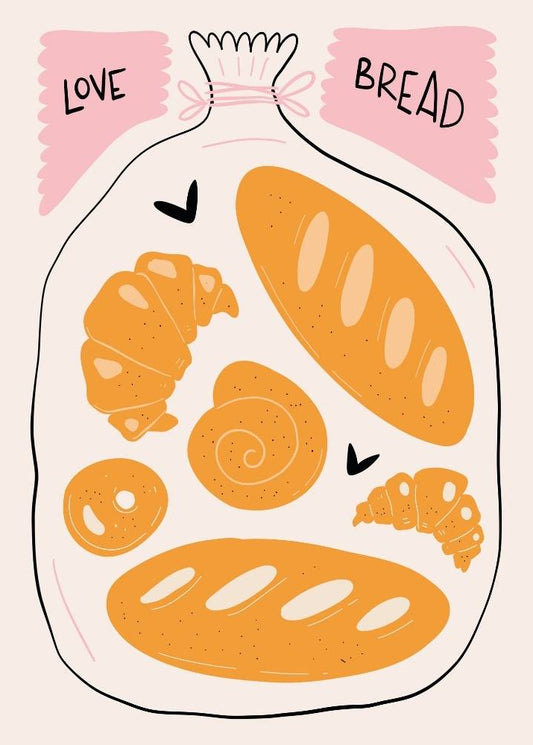 Illustration of bread in a bag with 'Love Bread' text on a pink background