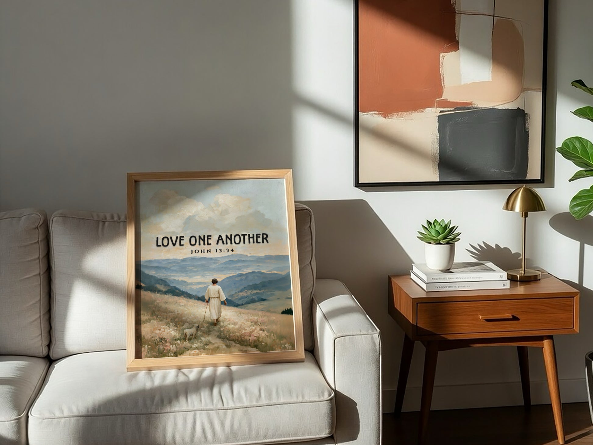 Love One Another poster featuring a serene landscape and soft pastel colors, inspirational Bible verse wall