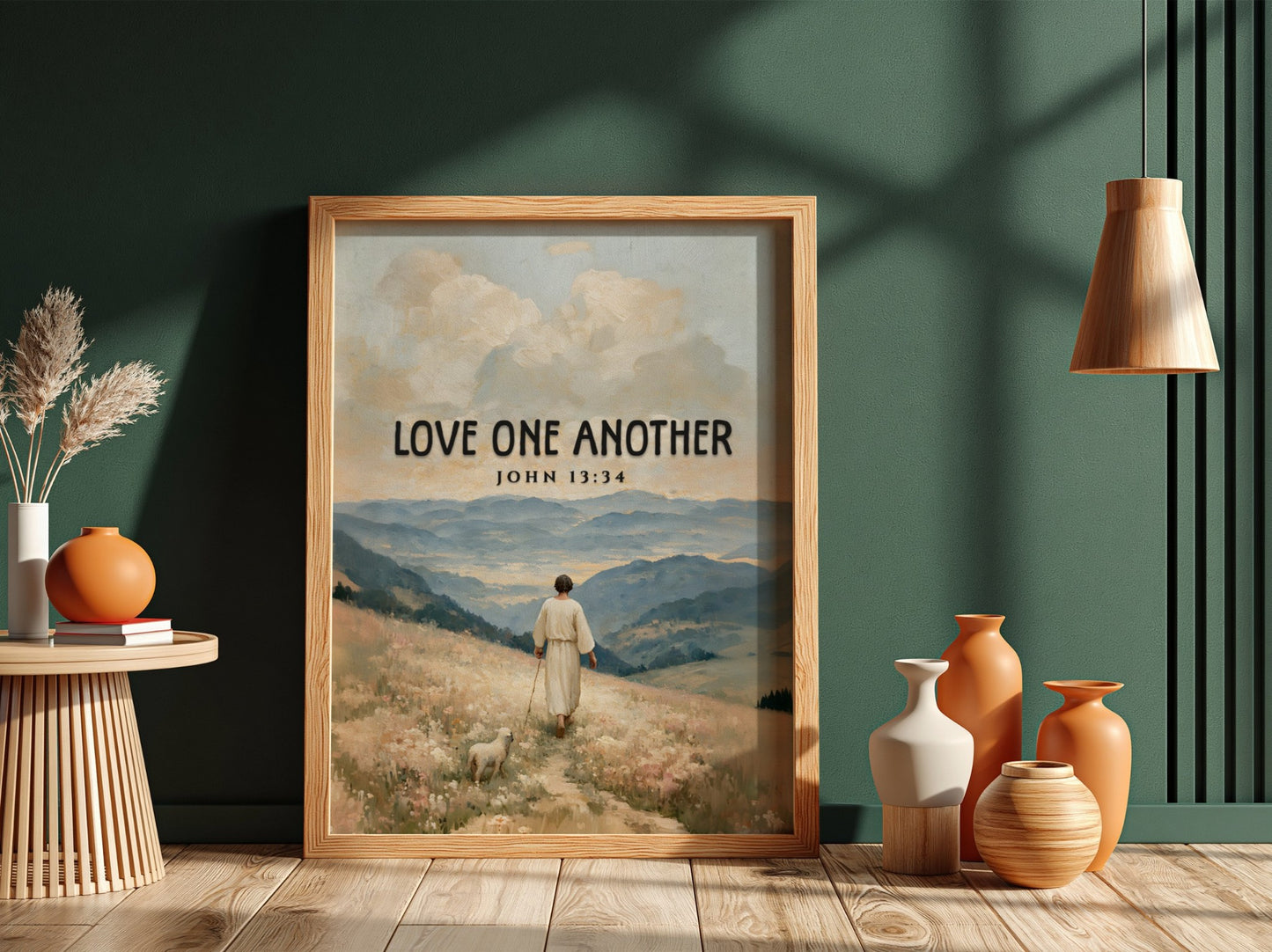 Love One Another poster featuring a serene landscape and soft pastel colors, inspirational Bible verse wall