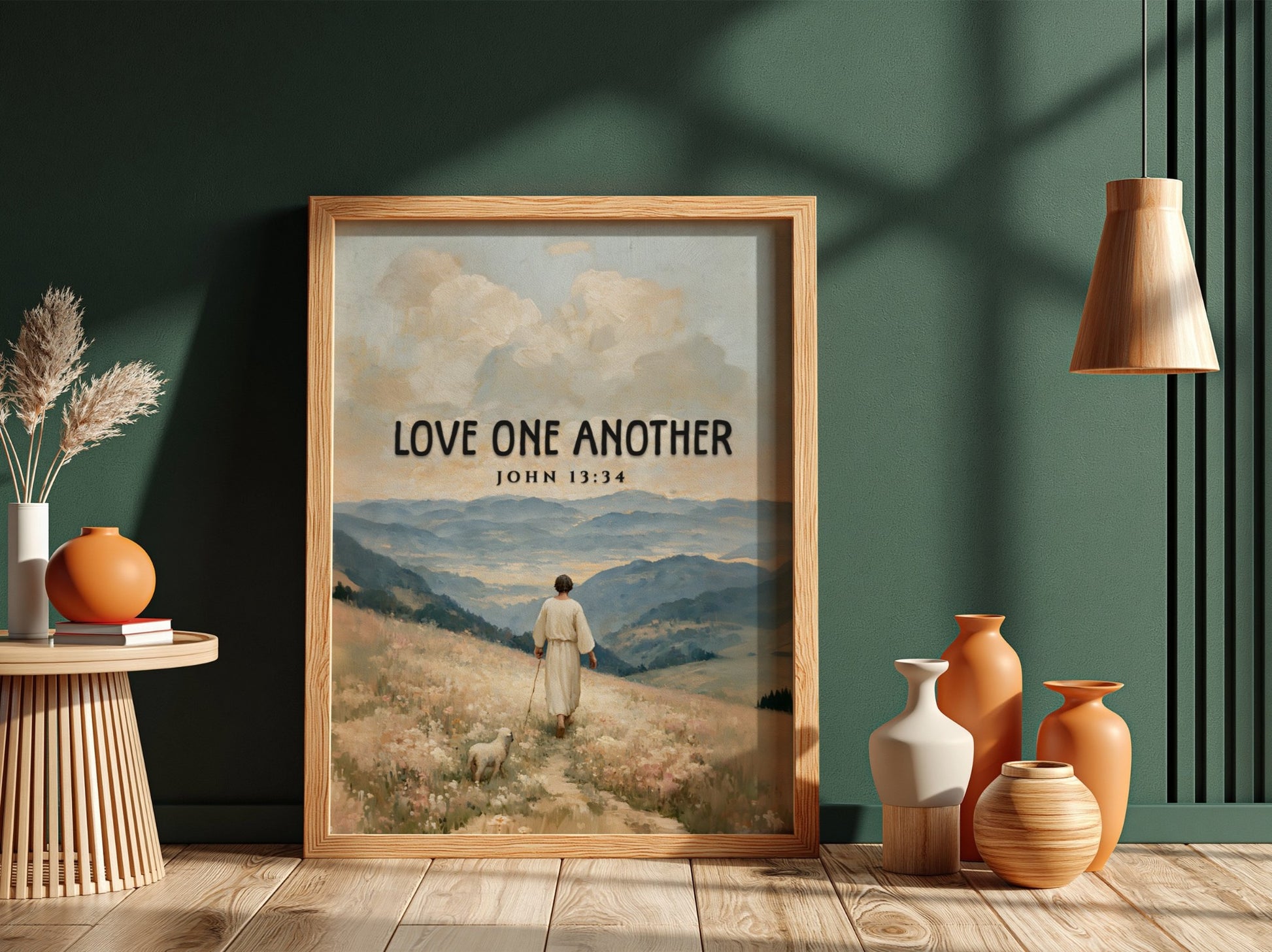 Love One Another poster featuring a serene landscape and soft pastel colors, inspirational Bible verse wall