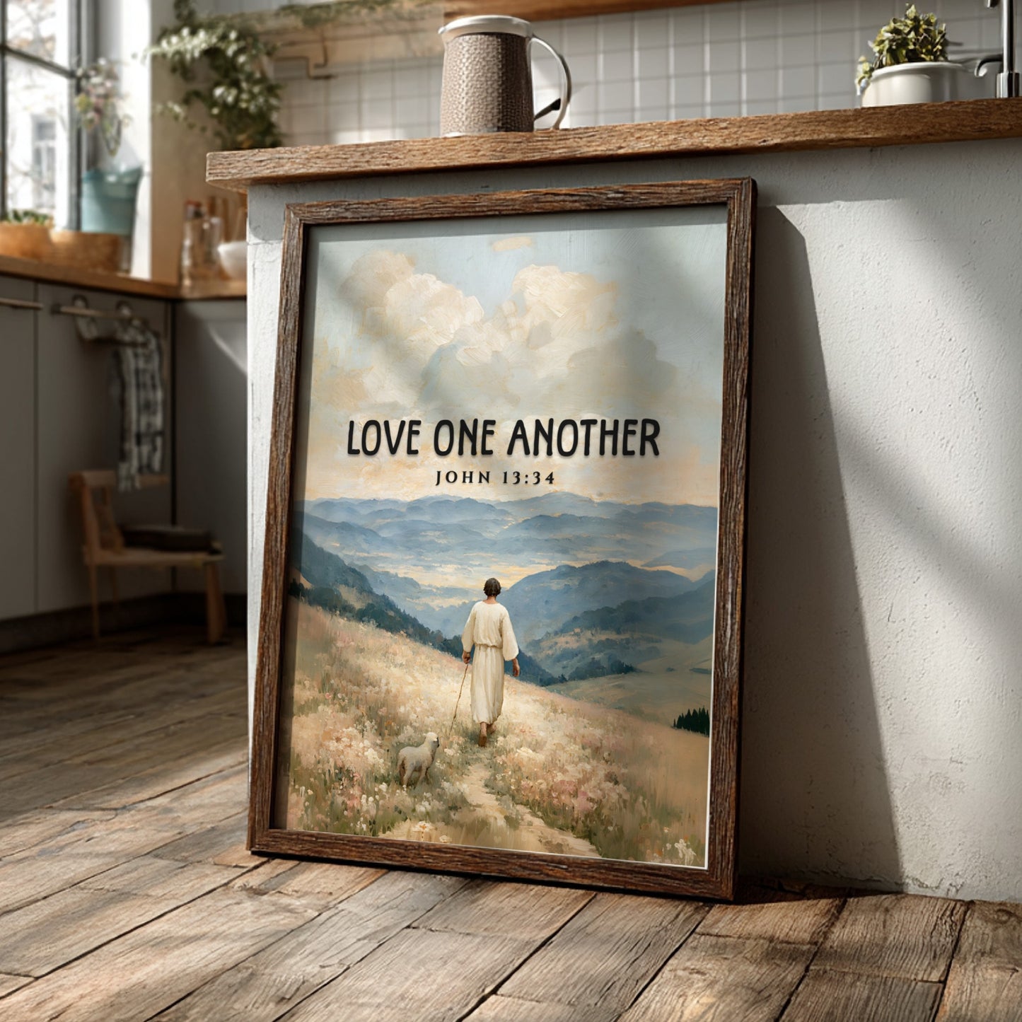 Love One Another poster featuring a serene landscape and soft pastel colors, inspirational Bible verse wall