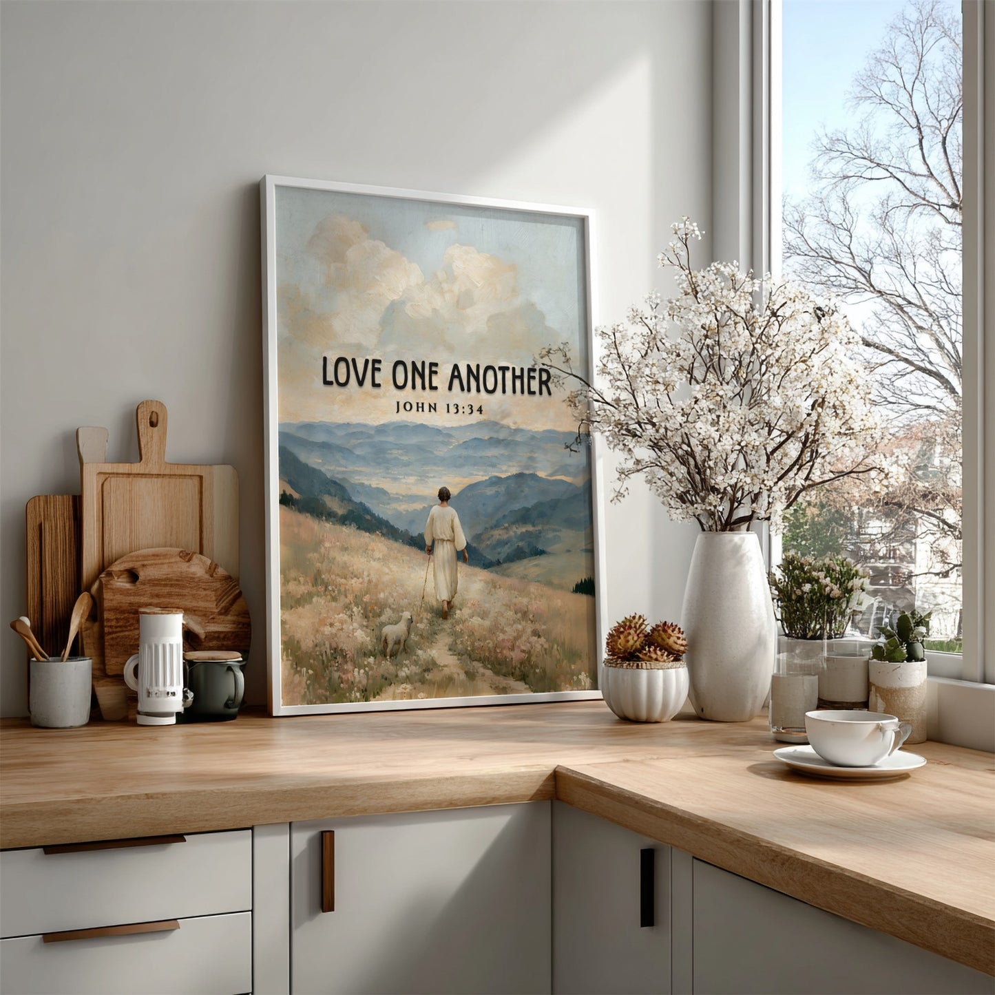 Love One Another poster featuring a serene landscape and soft pastel colors, inspirational Bible verse wall