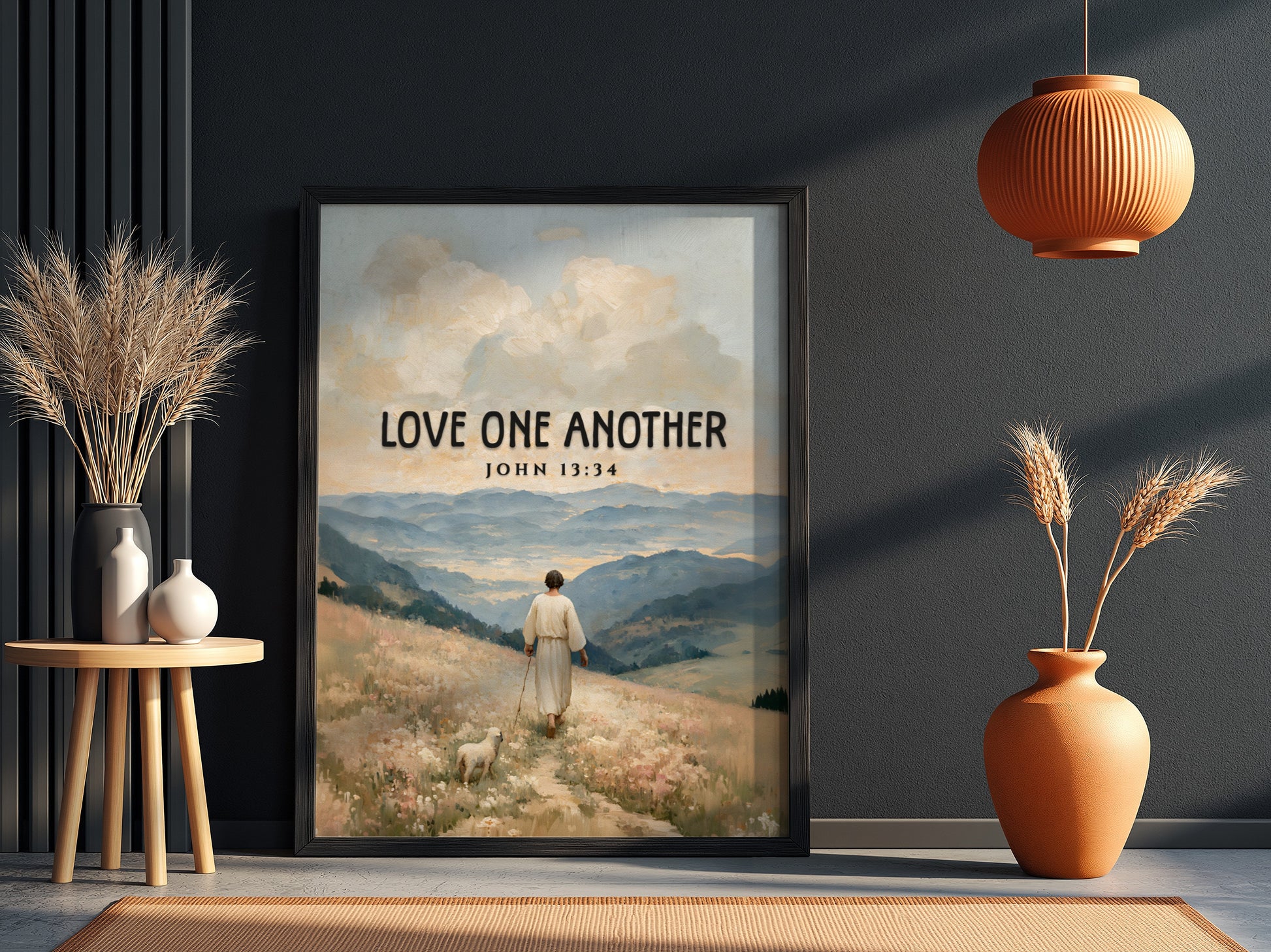 Love One Another poster featuring a serene landscape and soft pastel colors, inspirational Bible verse wall