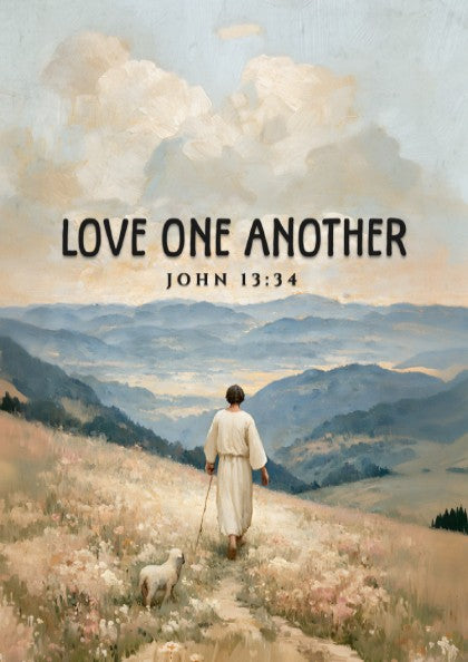 Love One Another poster featuring a serene landscape and soft pastel colors, inspirational Bible verse wall