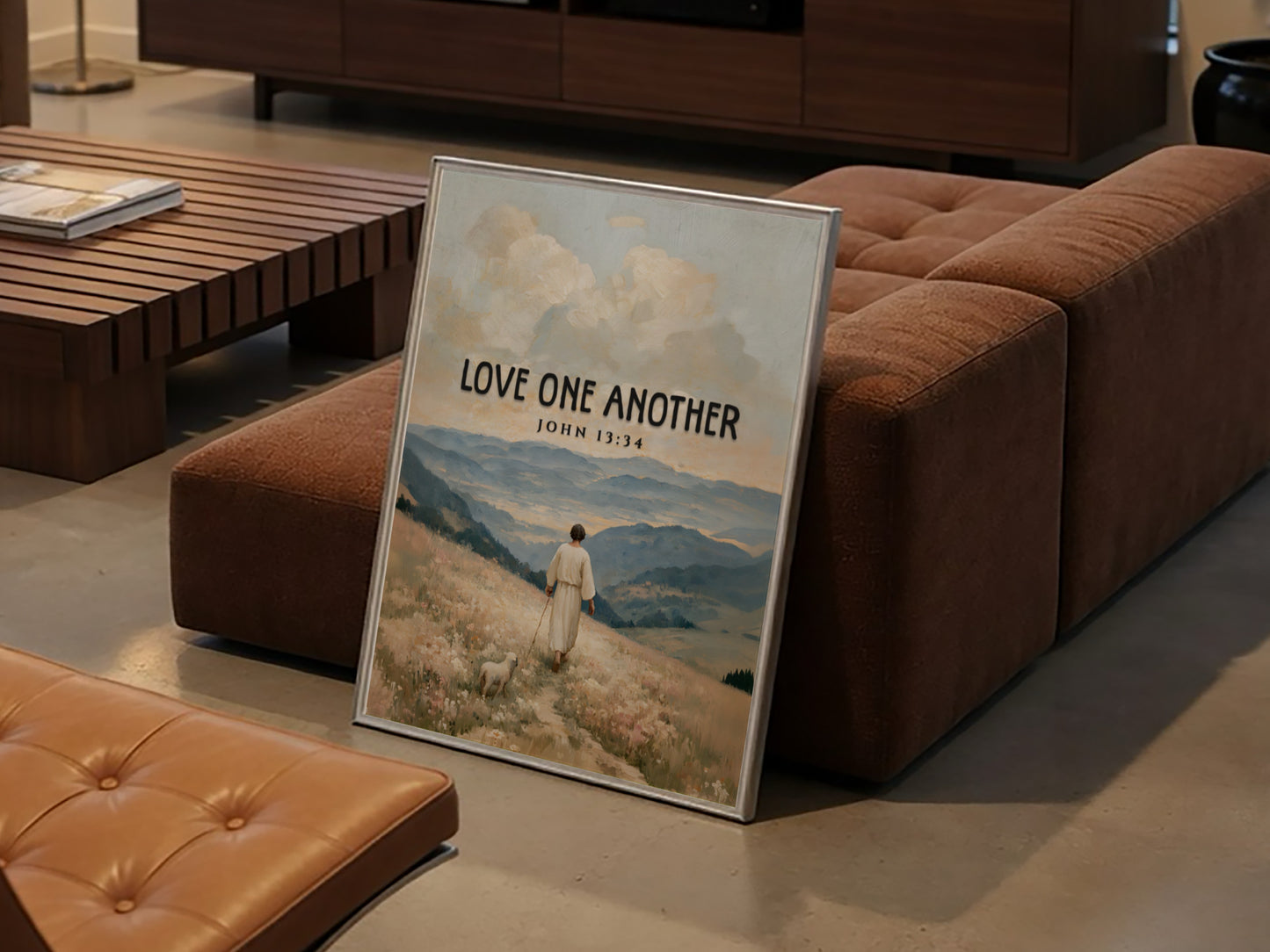 Love One Another poster featuring a serene landscape and soft pastel colors, inspirational Bible verse wall