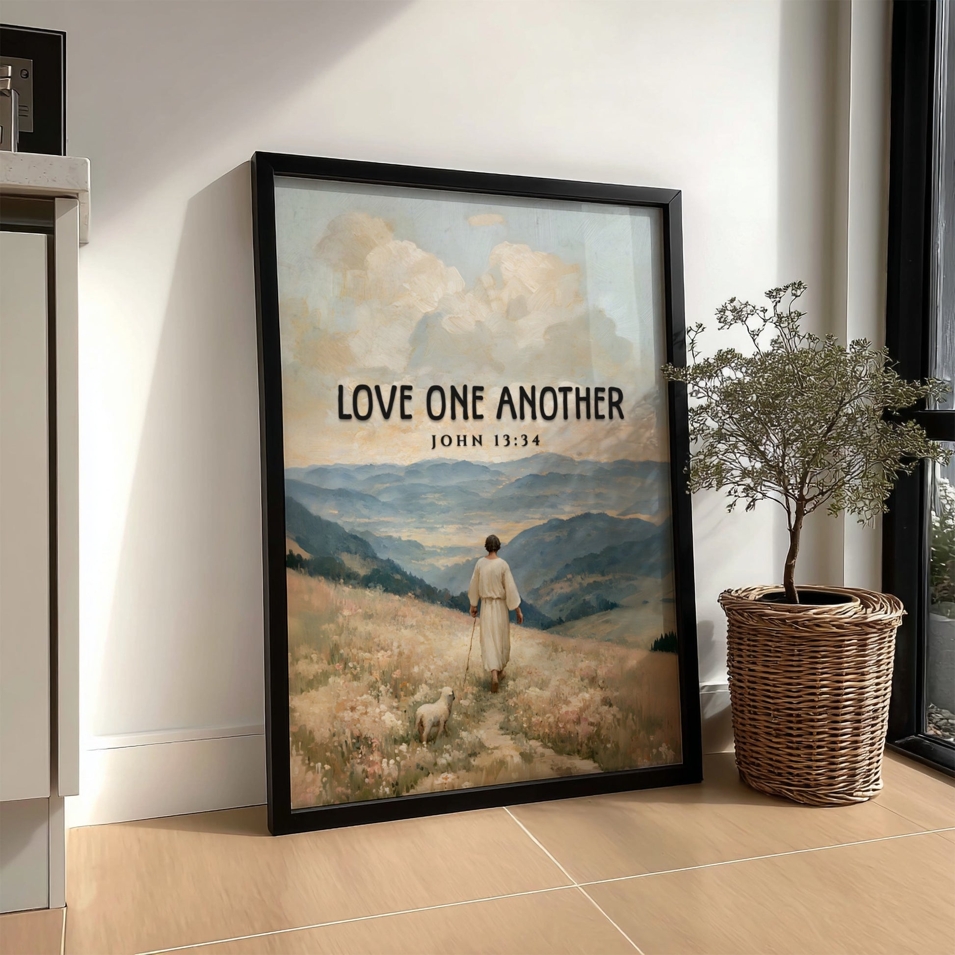 Love One Another poster featuring a serene landscape and soft pastel colors, inspirational Bible verse wall